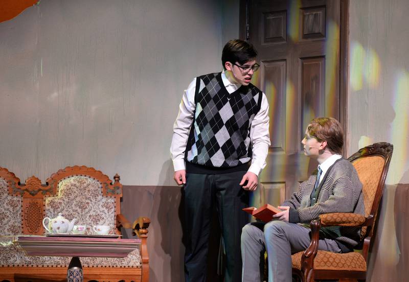 Lyons Township's (left) Dylan Andrade and Thomas King  practice their roles for the upcoming performance of Radium Girls Sunday, Oct. 27, 2024.
