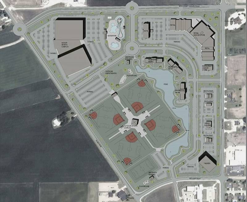A drawing was shared Monday, Sept. 23, 2024, to give residents an idea of how a multi-faceted sports complex and city center may be laid out in Peru. The regional sports complex and city center, will be equipped with not only sports facilities, but also a retail plaza, amphitheater, residential housing, restaurants, three new roundabouts and a hotel. These are not final plans.