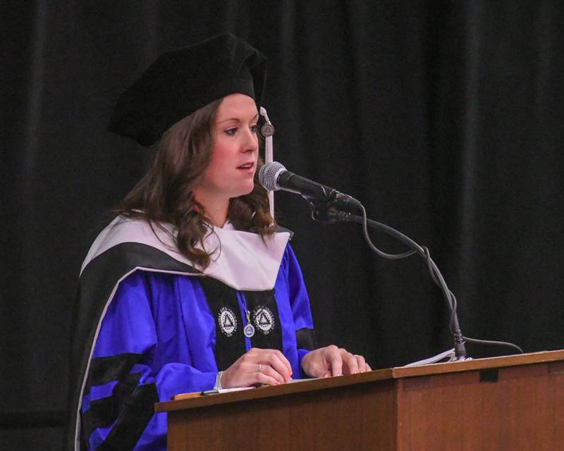 DeKalb High School principal Donna Larson gives her commencement speech to the graduating DeKalb Class of 2023 at Northern Illinois University's Convocation Center, 1525 W. Lincoln Highway in DeKalb Saturday, May 27, 2023.