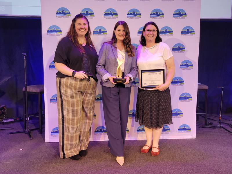 From left: Megan Campbell, recipient of the ATHENA Young Professional Leadership Award; Jamie Freedlund, recipient of the ATHENA Leadership Award; and Anne King, recipient of the Women in Networking scholarship, pose for a photo after an awards luncheon May 15, 2025, hosted by the Kankakee County Chamber of Commerce at Adventure Commons in Bourbonnais.