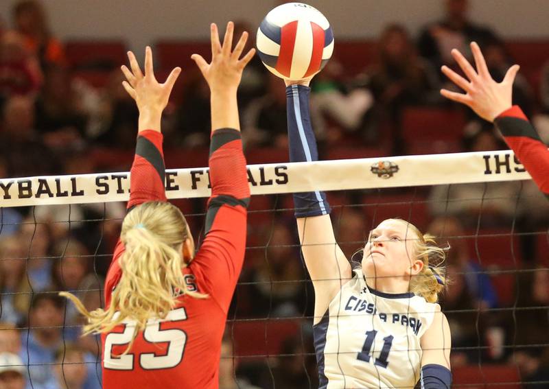 Cissna Park's Sophie Duis spikes the ball ahead of Calhoun's Joy Hurley during the Class 1A State semifinal game on Friday, Nov. 15, 2024 at CEFCU Arena in Normal.