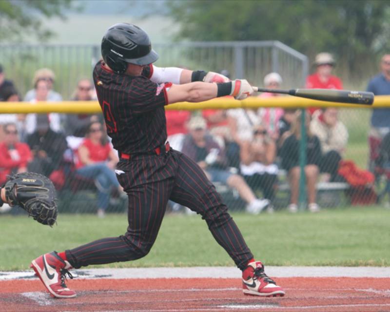 Benet's Dominik Tomala takes a swing against Burlington Central at the Class 3A Kaneland Sectional Semi Final on Thursday, June 5, 2025 in Maple Park.