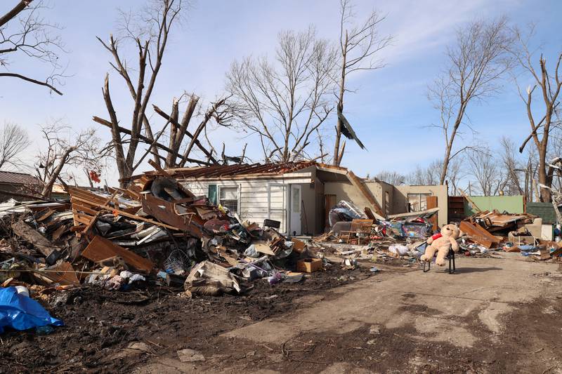 The home of Aroma Park resident Patricia Kime is destroyed on Strasma North Drive, as seen Thursday, March 12, 2026, following the March 10 EF-3 tornado that destroyed many homes in the area.