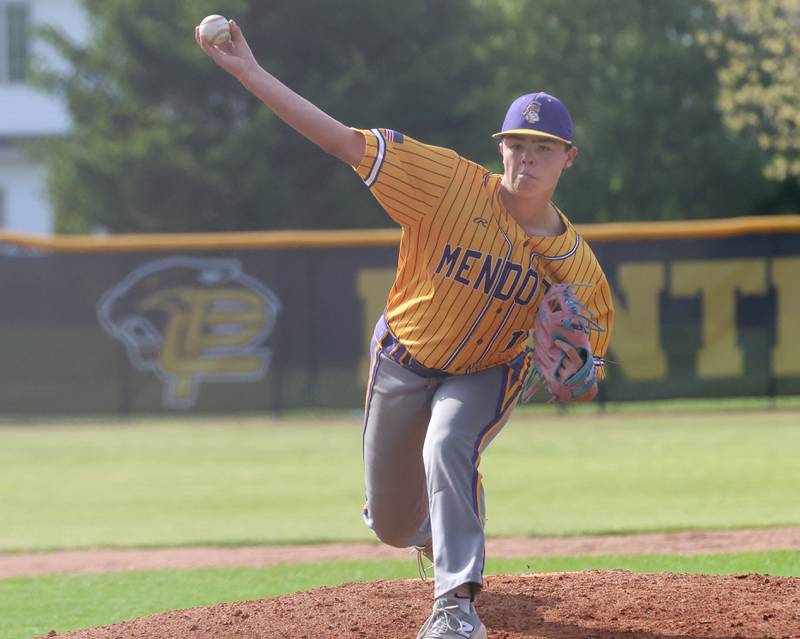 Mendota's Esten Otero lets go of a throw to Putnam County on Friday, May 8, 2026 at Putnam County High School.