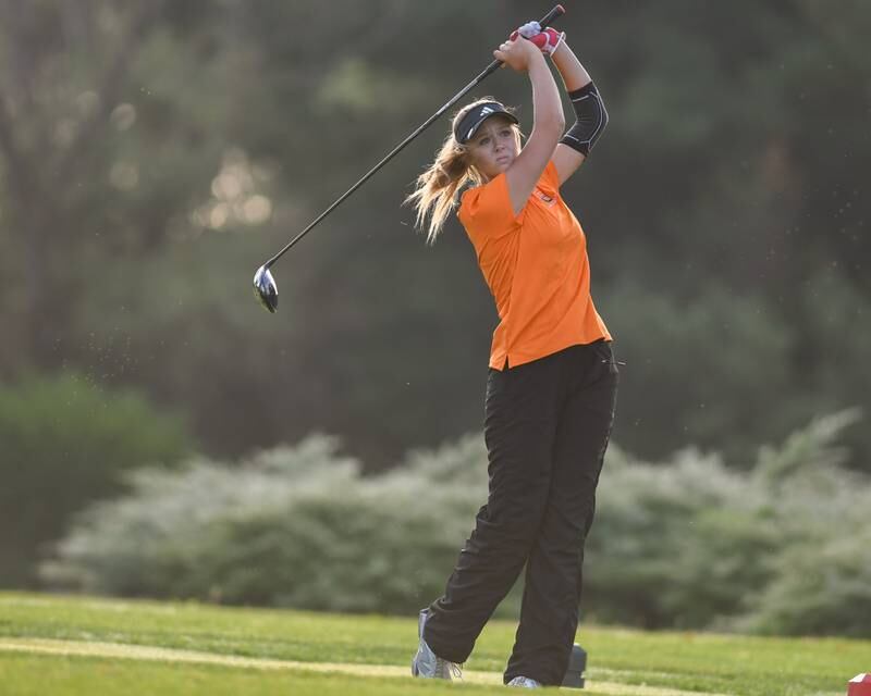 Hope Trosclair of Plainfield East watches her shot after teeing off during the Southwest Prairie conference meet on Wednesday Sept. 24, 2025, held at Blackberry Oaks Golf course in Bristal.