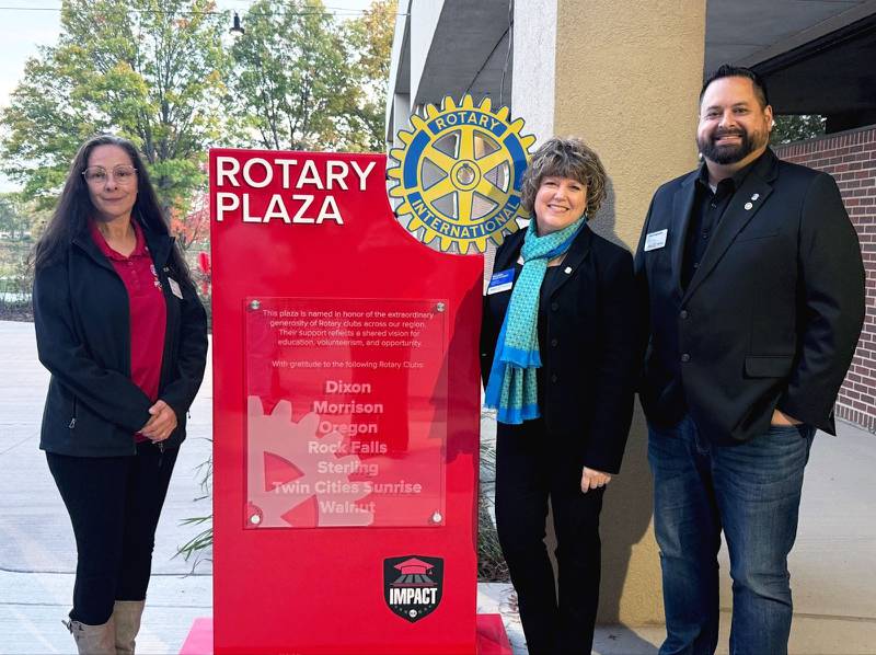 Sauk Valley Community College invites Rotarians to commemorate the monumental $150,000 gift from Rotary clubs in District 6420 and the naming ceremony of SVCC’s Rotary Plaza. Pictured (from left) are Tina Curtis, Rotary District 6420 Governor Elect; Melissa McCormick, Rotary District 6420 Governor; and Allen Przysucha, Rotary District 6420 Assistant Governor.