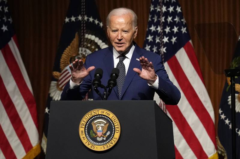 President Joe Biden speaks at an event commemorating the 60th Anniversary of the Civil Rights Act, Monday, July 29, 2024, at the LBJ Presidential Library in Austin, Texas. (AP Photo/Eric Gay)