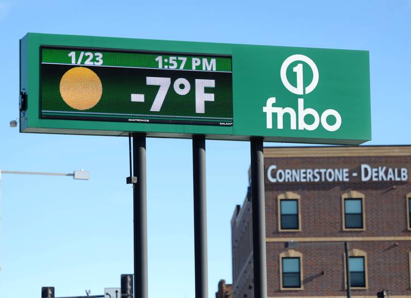 The sign at FNBO reads -7 degrees Friday, Jan. 23, 2026, on Lincoln Highway in DeKalb. Temperatures fell to well below zero degrees Friday, one of the coldest days of the year.