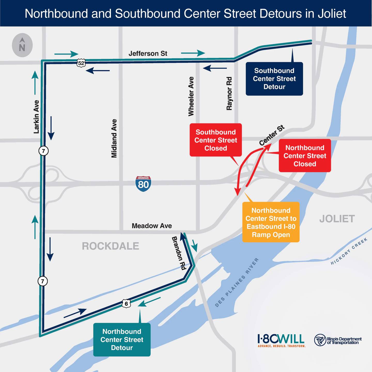 Northbound and Southbound Center Street detours in Joliet provided by IDOT.
Tuesday, Dec. 16, 2025.