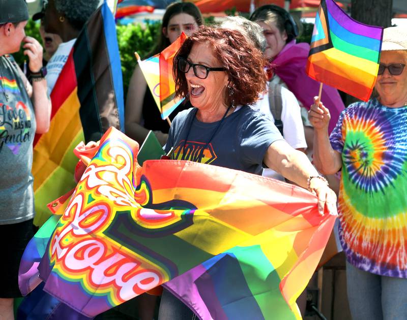 Anna Wilhelmi, from Earlville, dances to the music being played Saturday, June 21, 2025, during the DeKalb Pride Fest in front of the Egyptian Theatre in DeKalb.