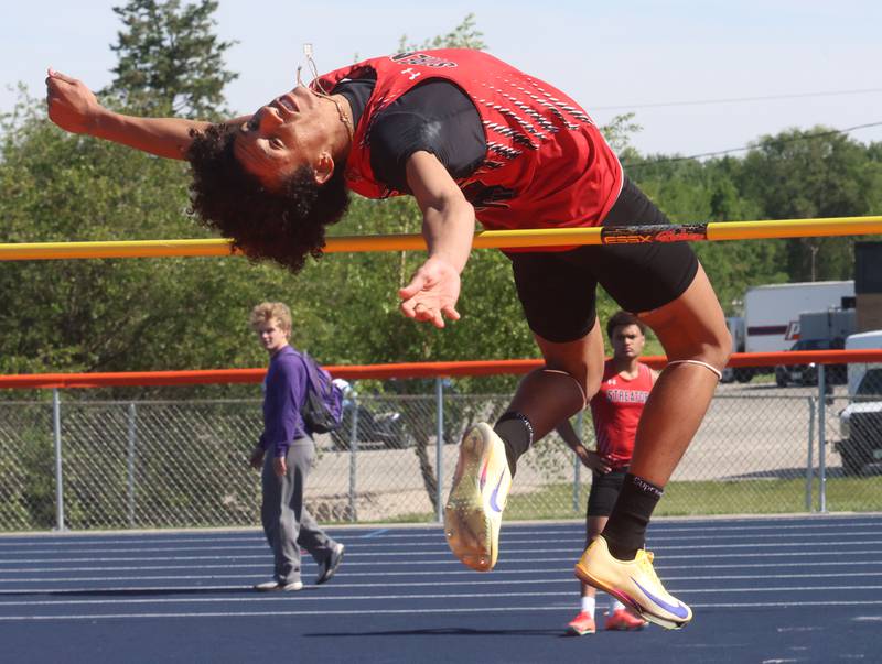 Streator's Brandon Mangruem competes in the high jump during the Class 2A Sectional on Wednesday, May 20, 2026 at Pontiac High School.