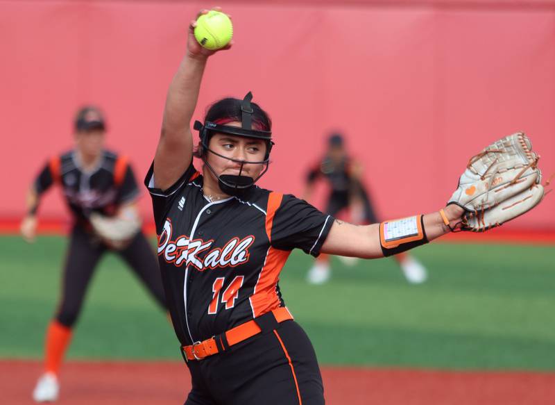 DeKalb’s Jasmine Rodriguez deals against Huntley in IHSA Class 4A Sectional Semifinal softball action at Barrington High School in Barrington on Wednesday, June 4, 2025.