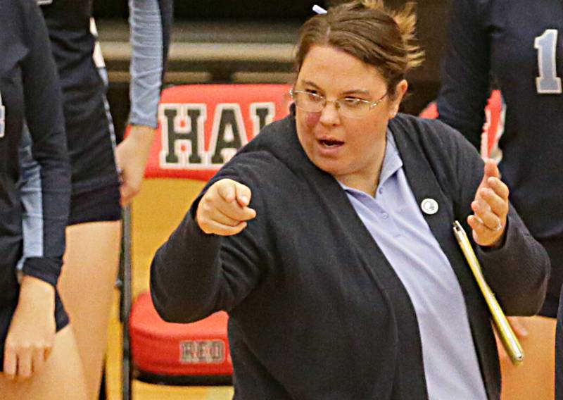 Bureau Valley's head coach Caitlyn DeMay talks to her team during a timeout against Hall in the Class 2A Regional game on Monday, Oct. 24, 2022 at Hall High School in Spring Valley.