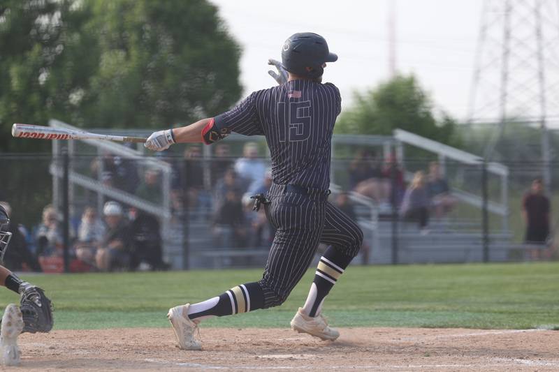 Lemont’s Pat Gardner drives in a run against Hinsdale South on Wednesday, May 24, 2023, in Lemont.