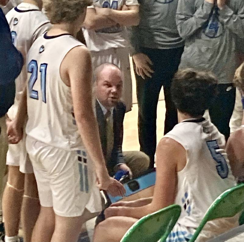 Bureau Valley coach Jason Marquis works a timeout during Monday's opener of the Wally Keller Invite at Wethersfield. the Storm beat Stark County 78-50.