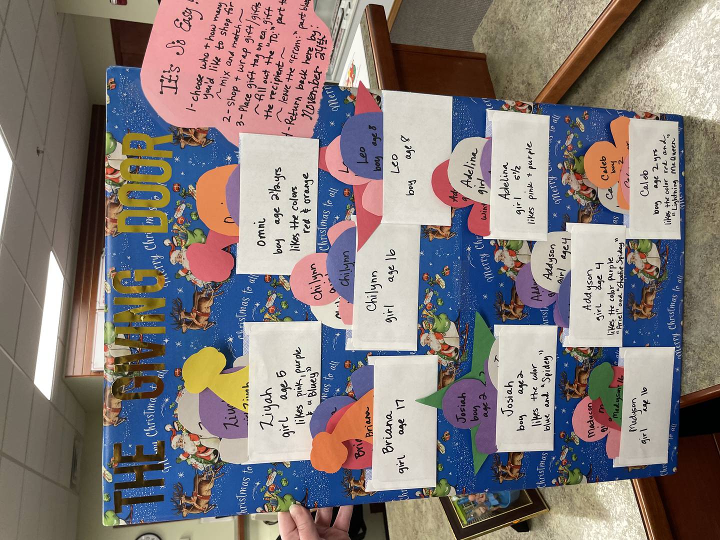 A "giving door" where wish lists made by families and children are displayed for shoppers to fulfill.