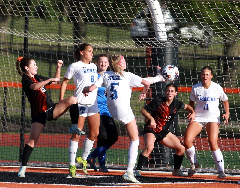 Geneva's Audrey Stredde goes after a corner kick during the Class 3A St. Charles East Regional final against St. Charles East on Friday, May 23, 2025 in St. Charles.