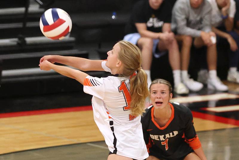 DeKalb's Megan Gates bumps the ball during their match against Indian Creek Tuesday, Sept. 6, 2022, at Indian Creek High School in Shabbona.