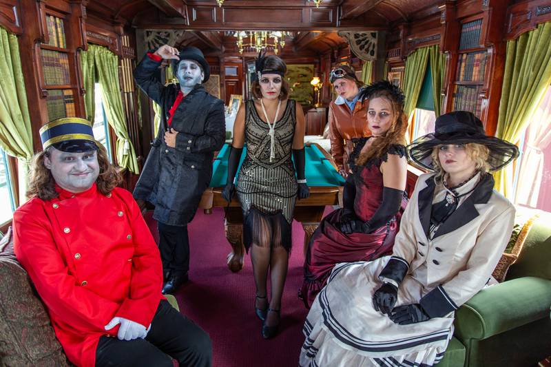 Actors (from left) Jake Heelein, Damian Zayas, Gianah Tomczak, Rachel Loeding, Libby Einterz and Rachel Nedza will portray a ghostly bellhop, vampire, flapper, pilot, clairvoyant saloon girl and Titanic passenger, respectively, during upcoming Halloween Experience trolley tours at the Volo Museum.