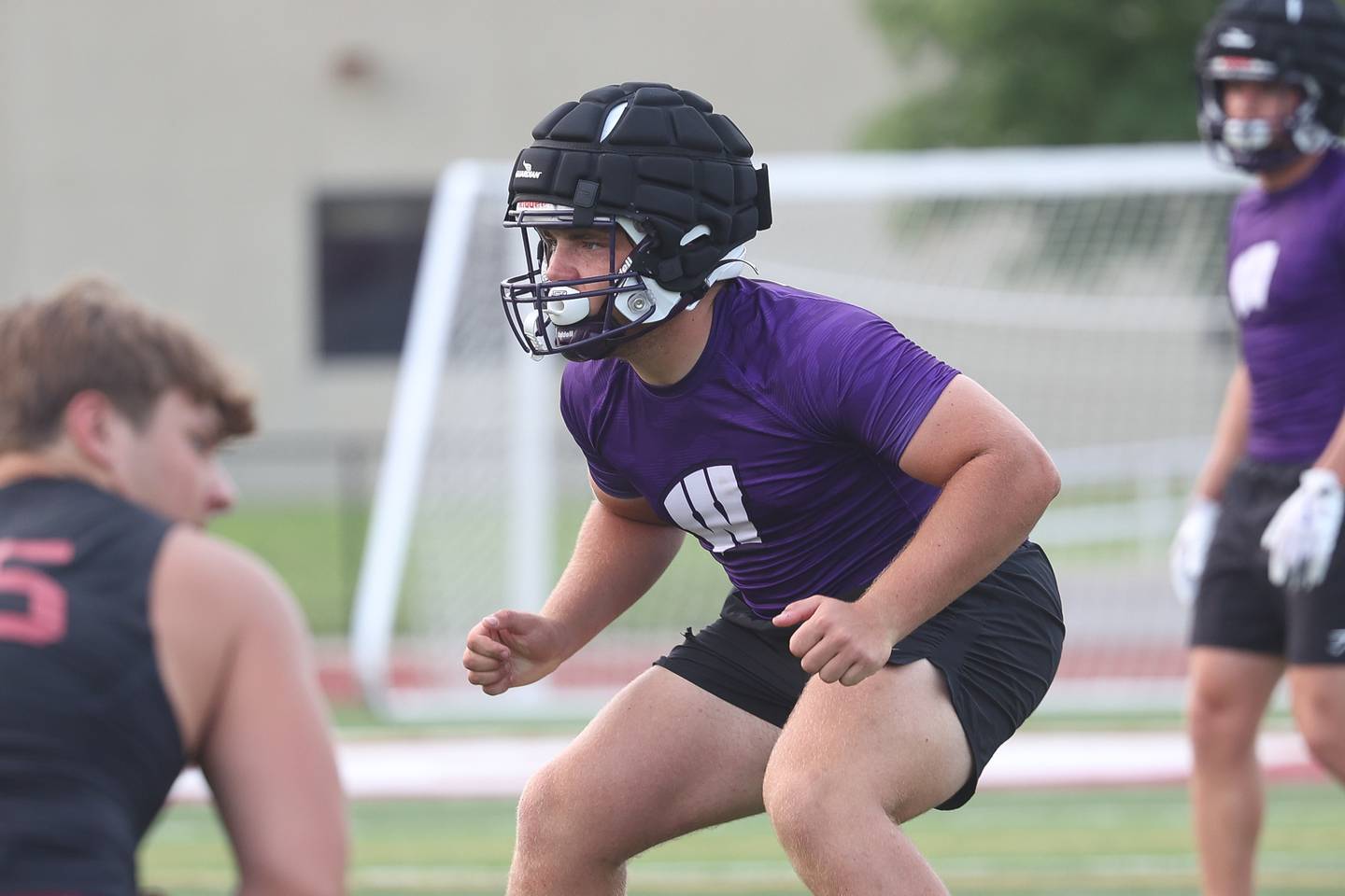 Wilmington linebacker Zach Ohlund reacts to the snap at Morris’ 7 on 7 scrimmage on Tuesday, July 23, 2024.