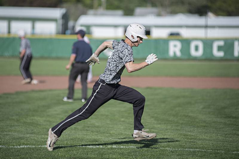 Rock Falls’ Gavin Sands heads to the plate to score Monday, May 16, 2022 against Oregon in the IHSA baseball quarterfinals.