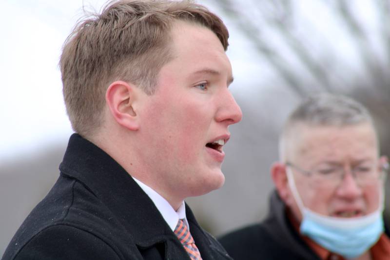 Bradley Fritts delivers an address to about 30 supporters on Friday at Riverfront Park in Dixon in declaring his candidacy to seek the Republican nomination for the 74th District statehouse seat.