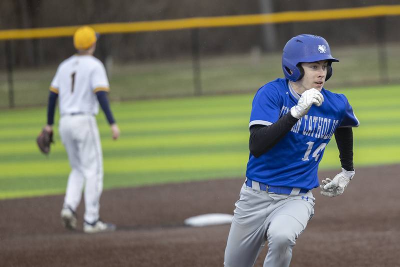 Newman’s Jameson Hanlon looks towards third base against Sterling Thursday, March 26, 2026.