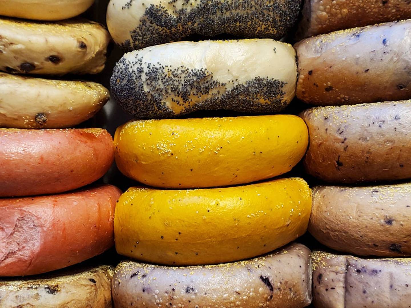 Pictured is an up-close view of a corporate party pack of 26 bagels from Great American Bagel in Joliet. The corporate party pack also comes with four flavors of cream cheese toppings.