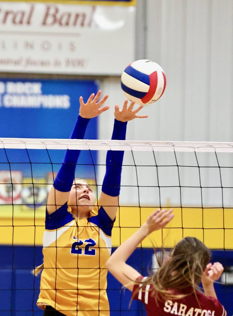 Princeton Logan's Ava Munson makes a block in Monday's Class 3A 8th grade sectional finals at Pannebaker Gym. The Lions fell in three sets to Morris Saratoga.