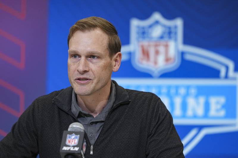 Chicago Bears head coach Ben Johnson speaks during a press conference at the NFL football scouting combine in Indianapolis, Tuesday, Feb. 25, 2025. (AP Photo/Michael Conroy)