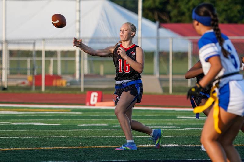 Yorkville's Brooke Ekwinski (18) throws a pass during a non-conference game against Geneva at Yorkville High School on Tuesday, Sept. 2, 2025.