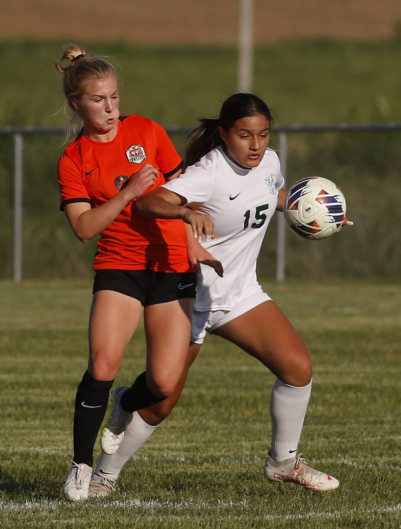 Crystal Lake Central's Olivia Anderson battles with Boylan’s Karime Ibarra for control of the ball during the IHSA Class 2A Burlington Central Girls Soccer Sectional final match Friday, May 26, 2023, at Burlington Central High School.