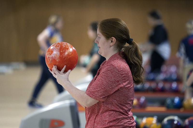 Erie-Prophetstown’s Phoebe Deneve eyes the pins during bowling regionals at Plum Hollow in Dixon on Saturday, Feb. 4, 2023.