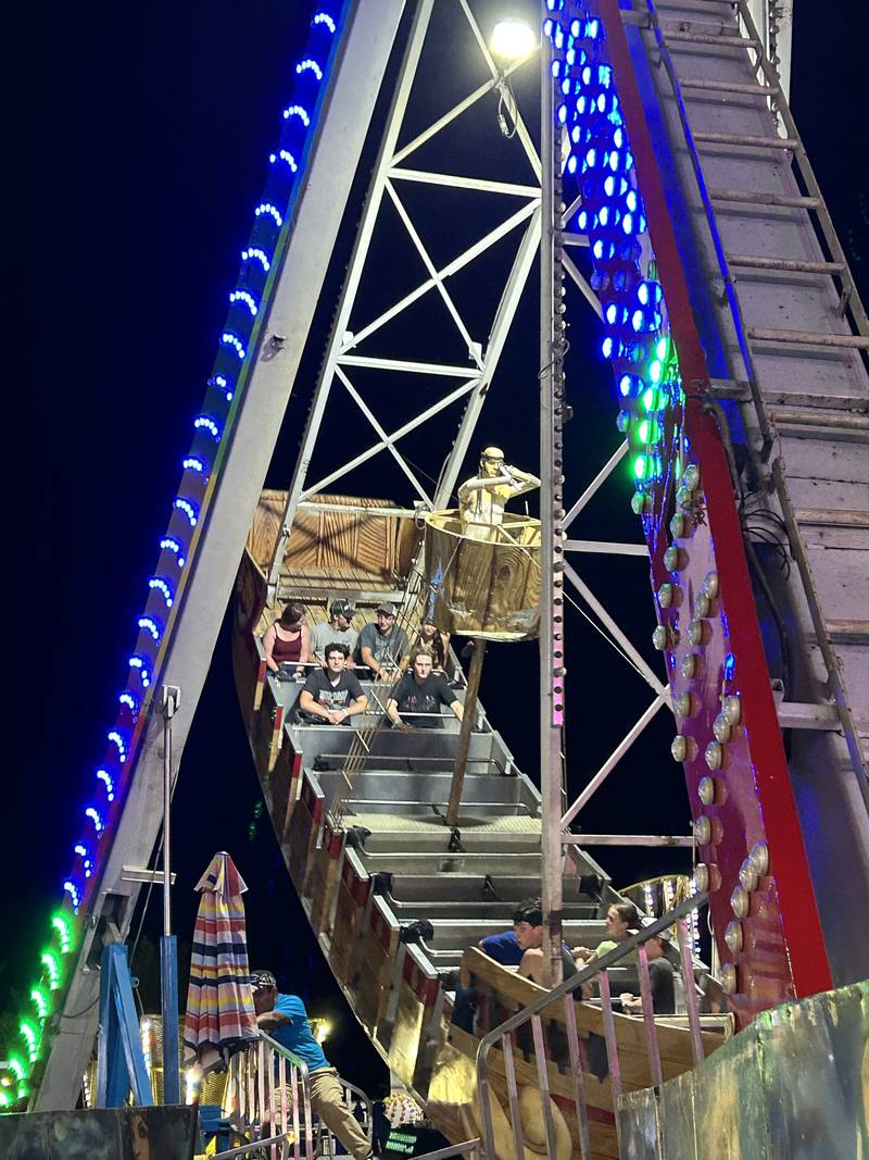 The pirate ship carnival ride takes passengers on a "voyage" at the Ogle County Fair on Thursday, Aug. 1, 2024.