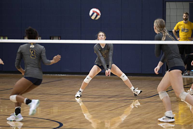 Sterling’s Olivia Melcher plays a shot against Fulton Saturday, Sept. 30, 2023 during the Sterling Volleyball Invitational held at Challand Middle School.