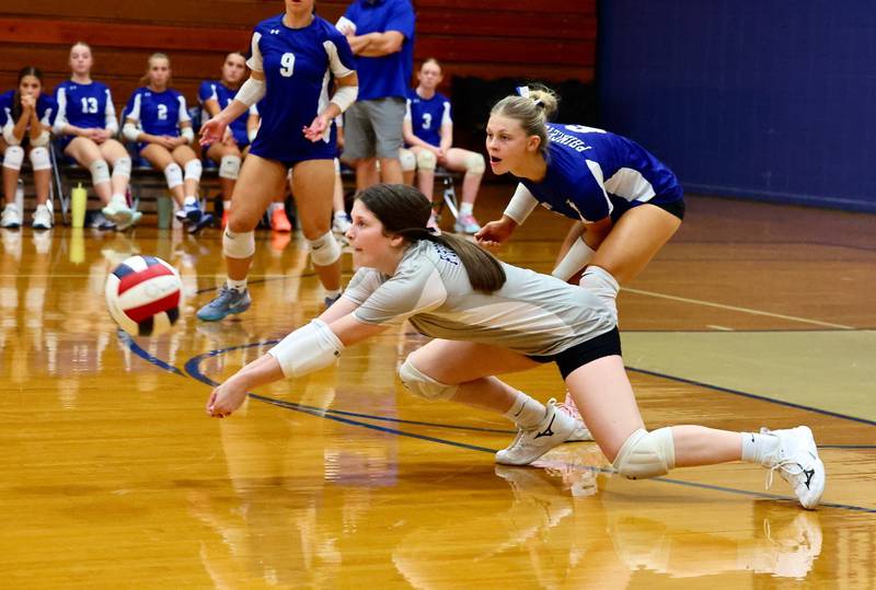 Princeton senior Camryn Driscoll lays out for a dig against E-P Monday night at Prouty Gym. E-P won 25-13, 25-15.