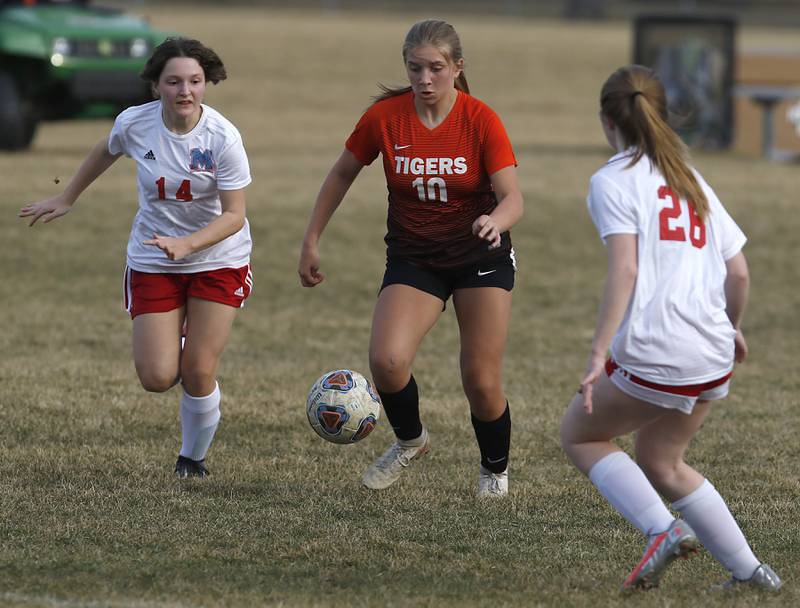 Crystal Lake Central's Brooklynn Carlson right, eyes the ball as she move the ball between Marian Central's Mia Knapp, left, and Greta Fortin, right, to score a goal during a non-conference soccer match Monday, March 21, 2022, between Crystal Lake Central and Marian Central at Crystal Lake Central High School.