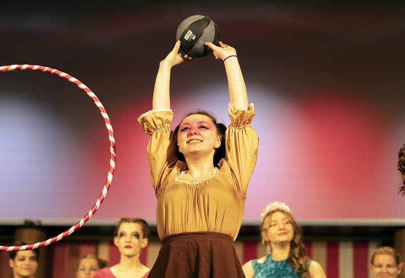 Cast members of Dixon High School’s “Pippin” rehearse the opening number Wednesday, April 17, 2024 in the Wiltz Auditorium at DHS. The show will open this Friday at 7pm.