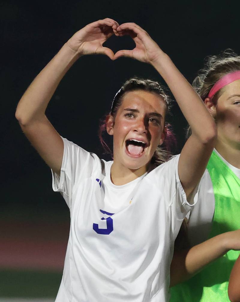 Johnsburg's Charlie Eastland sends some love to the crowd after the game in which she scored the go-ahead goal to put them up 2-1 over Timothy Christian with less than a minute left in the game Thursday, June 5, 2025, during their IHSA Class 1A state semifinal game at North Central College in Naperville.