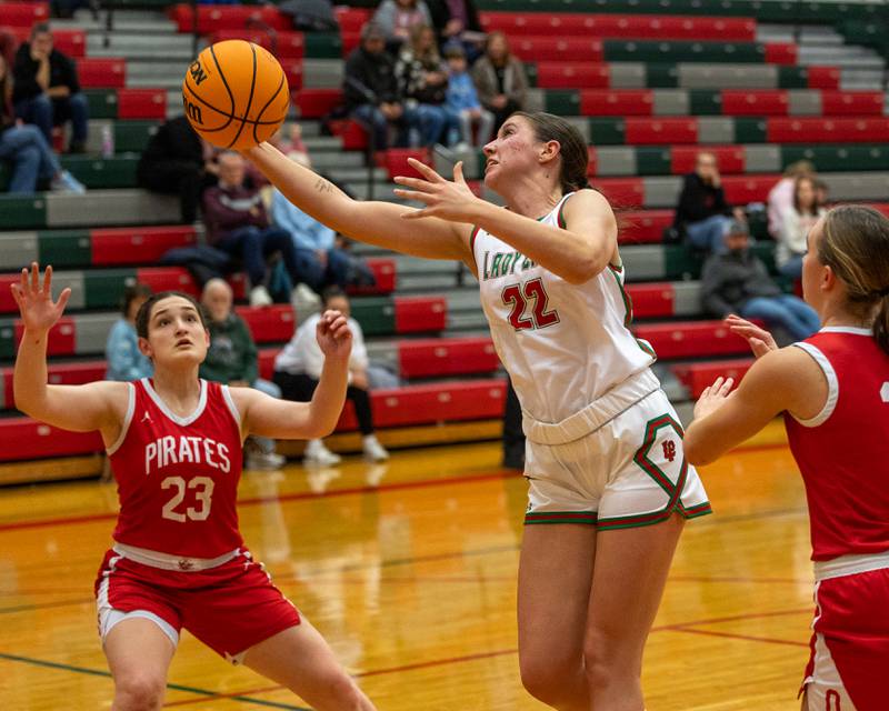 Brianna Ruppert (22) of LaSalle-Peru lays up ball on Wednesday, December 17, 2025 at Sellet Gymnasium in LaSalle.