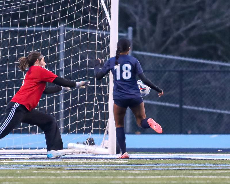 Downers Grove South's Isabel Okuku (18) lines up a kick on goal for a score during soccer match between Riverside-Brookfield at Downers Grove South.  April 10, 2025.