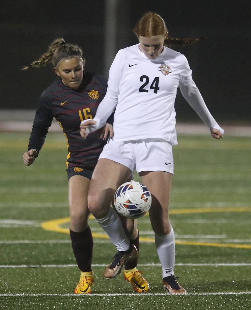 McHenry’s Ava Micklinghoff controls the ball in front of Richmond-Burton’s Alexa Anderson during a non-conference girls soccer match Thursday, March 16, 2023, at Richmond-Burton High.