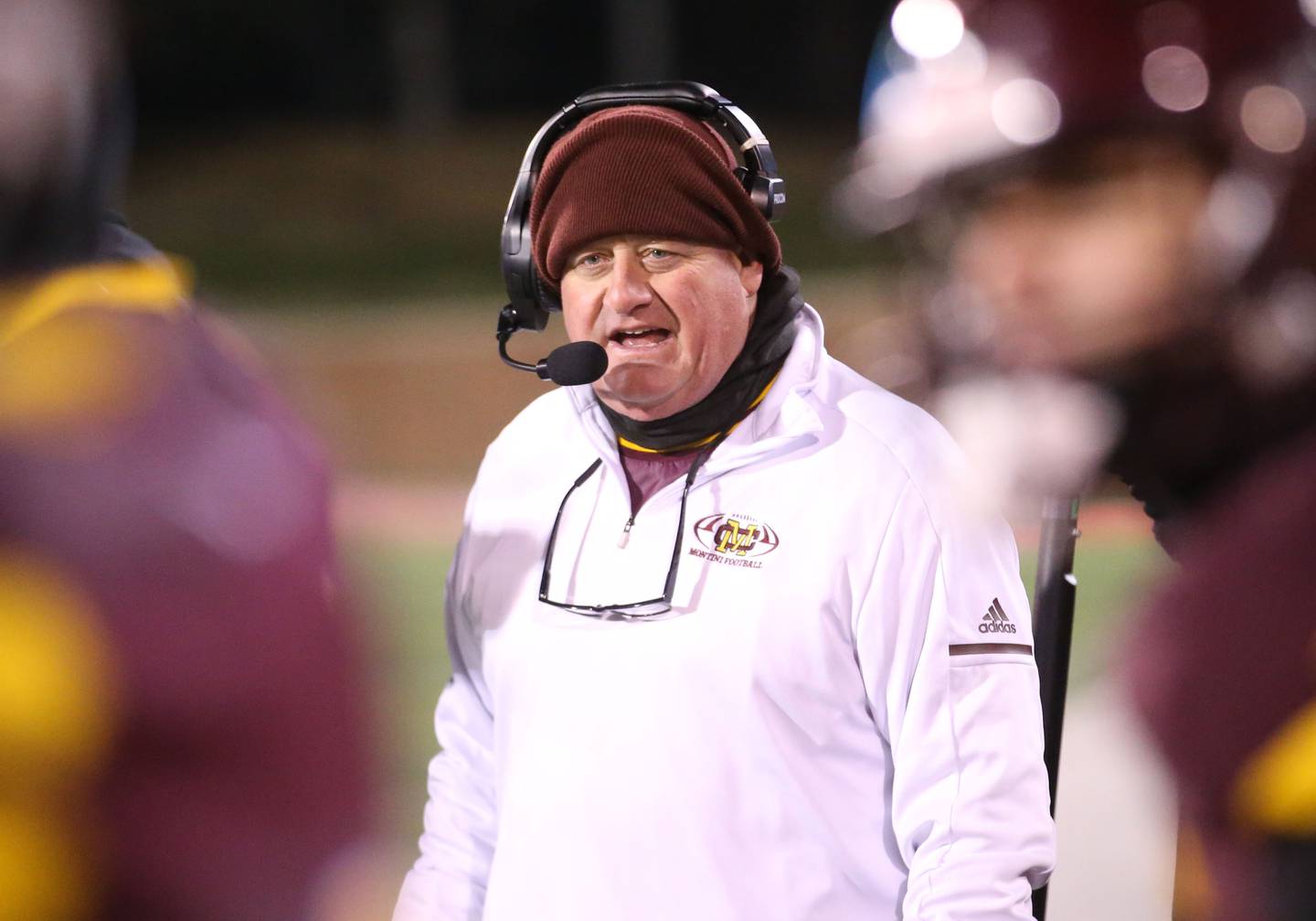 Montini Catholic head coach Mike Bukovsky talks to his players while playing Monticello during the Class 3A State football championship on Friday, Nov. 29, 2024 at Hancock Stadium in Normal.