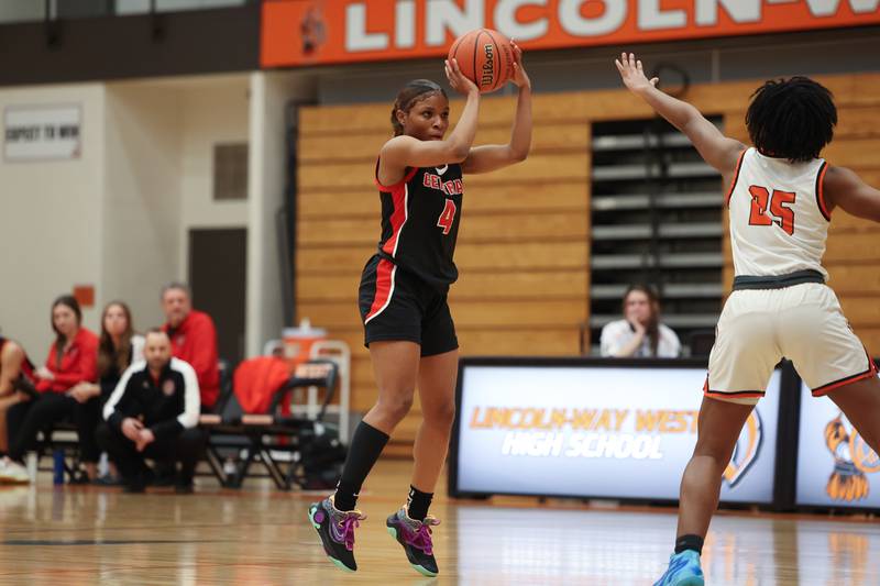 Lincoln-Way Central’s Azyah Newson-Cole takes the deep shot against Lincoln-Way West on Tuesday, February 7th..