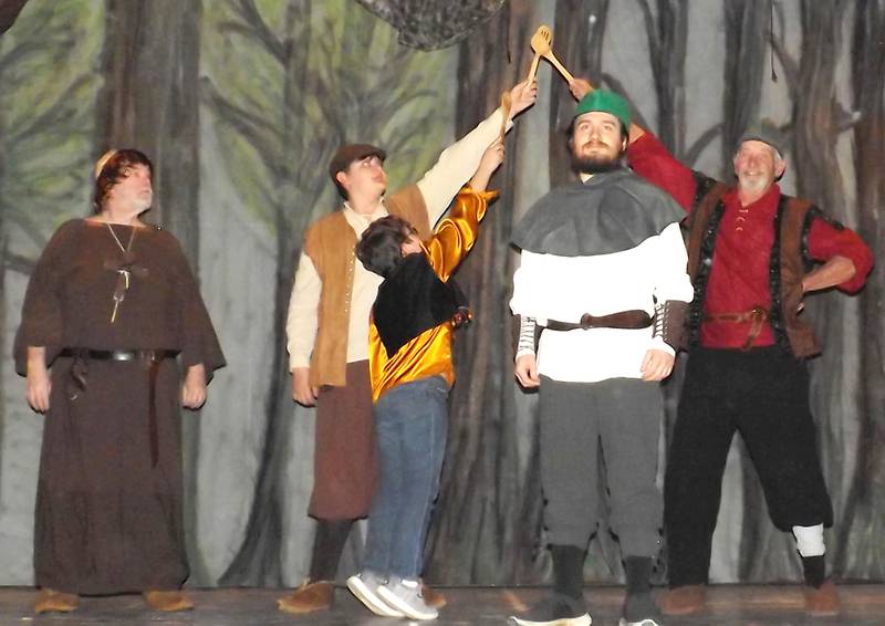 Polo Area Community Theatre is in rehearsals for "The Somewhat True Tale of Robin Hood", an action packed, silly adaptation that will be presented in May at the former Polo Town Hall, 117 N. Franklin Ave. Here, Friar Tuck looks on as Little John, Allan Adale, and Will Scarlet cheer on Robin Hood.