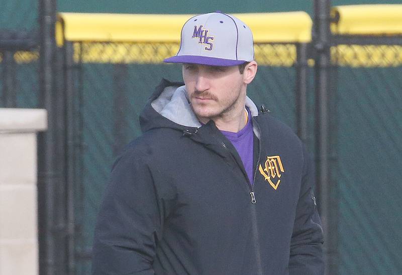 Mendota baseball head coach Cody Zinke coaches his team against L-P on Thursday, April 3, 2025 at Huby Sarver Field inside the L-P Athletic Complex in La Salle.