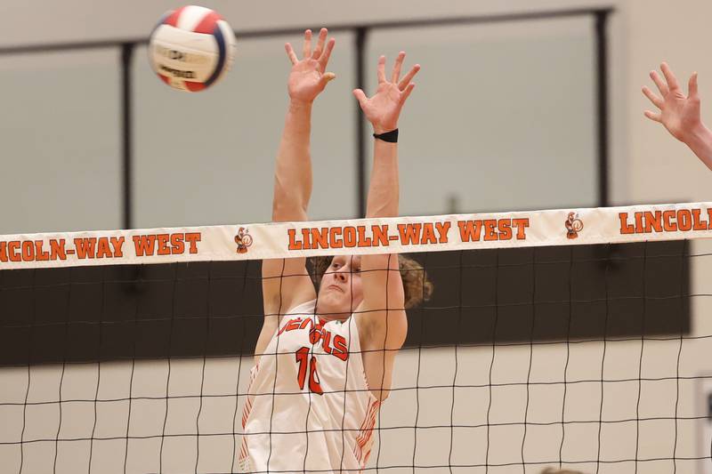 Plainfield East’s Thomas Tagtmeyer goes for the block against Lincoln-Way West on Wednesday, March 22nd. 2023 in New Lenox.