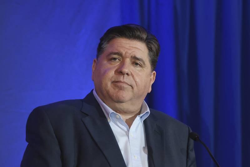 Illinois Gov. JB Pritzker speaks during the McIntyre-Shaheen 100 Club Dinner, Sunday April 27, 2025, in Manchester, N.H. (AP Photo/Reba Saldanha)