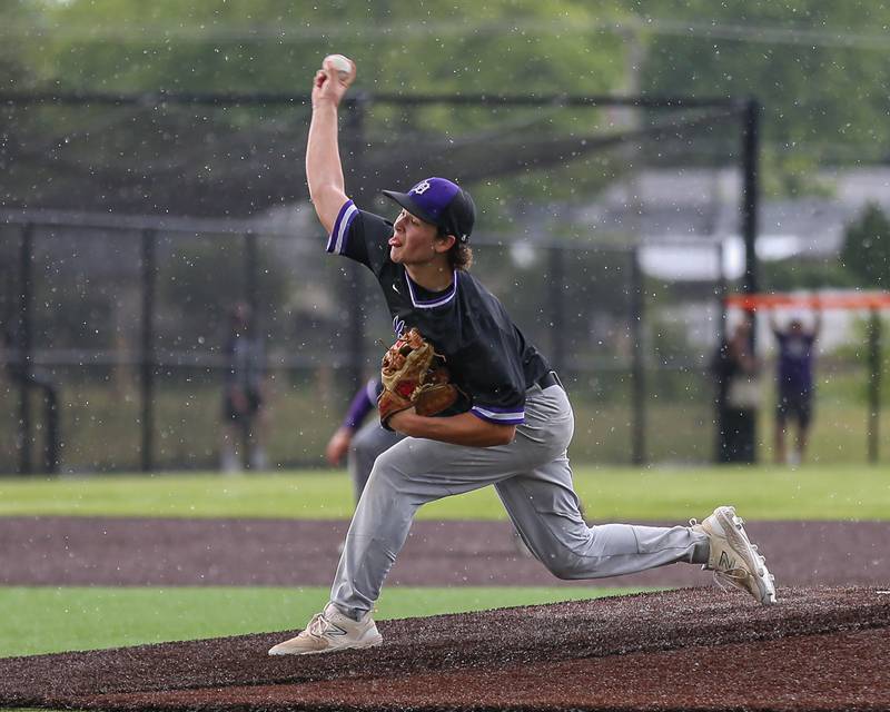 Downers Grove North's Ryan Dennison (5) pitches during Class 4A Romeoville Sectional semifinal between Oswego East at Downers Grove North.  May 31, 2023.