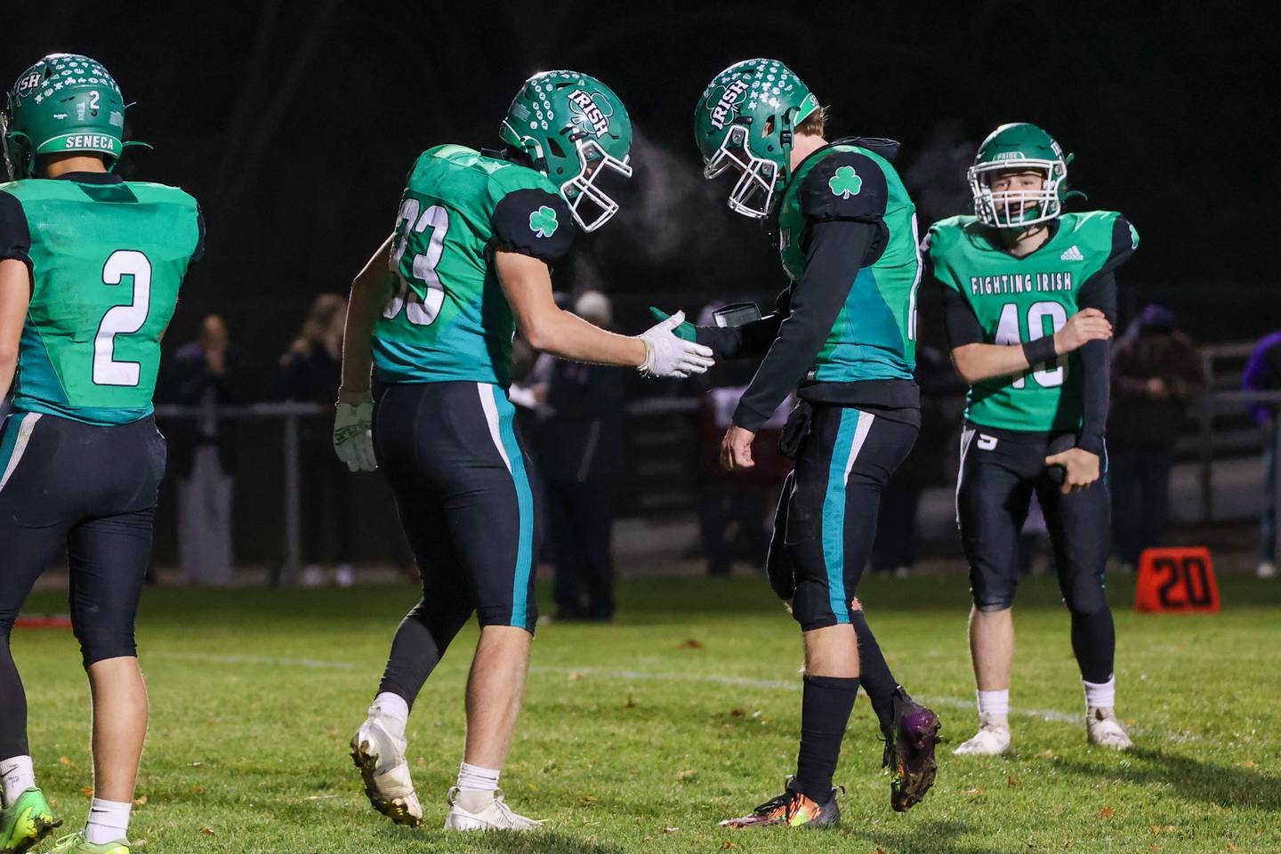 Paxton Giertz and Cameron Shriey of Seneca celebrate on Friday, November 1, 2024 at Seneca High School in Seneca.